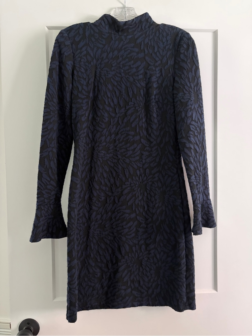 anthropologie navy blue patterned long sleeved dress